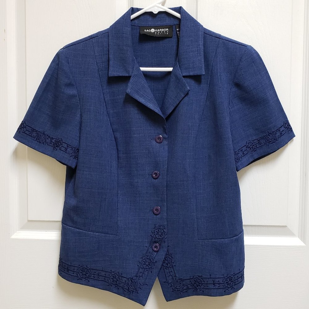Sag Harbor Blazer Womens 12P Blue Embroidered Short Sleeve Button